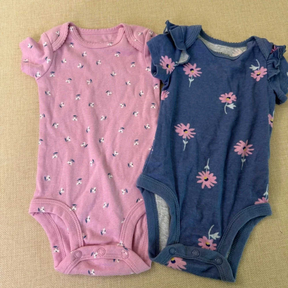 Carters Child of Mine 2 Pack Floral Bodysuits Pink Blue 0-3M Short Sleeve Ruffle